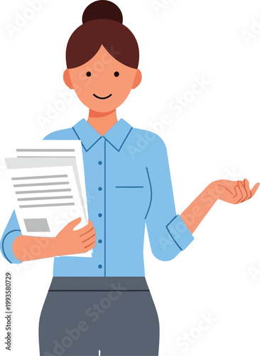 Smiling woman presenting documents isolated on transparent background