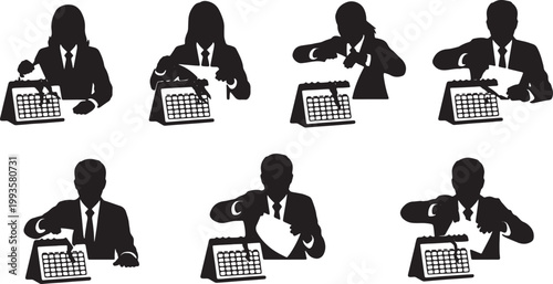 Black Solid Home Office Manager Tearing Calendar Page Silhouettes Set of Six on White Background