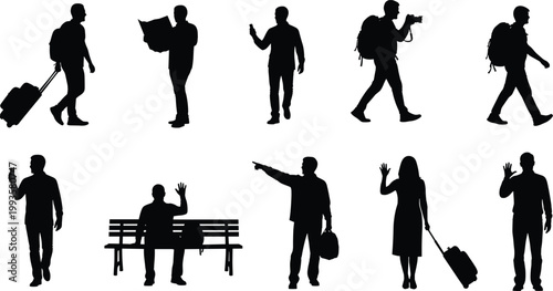 Set of traveler silhouettes, tourists with suitcases, backpacks, reading maps, taking photos, waiting on bench, waving, isolated on white background, vector