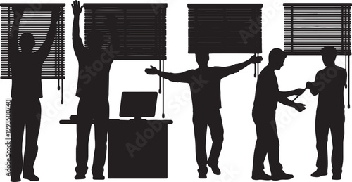 Black Solid Home Office Worker Adjusting Window Blind Silhouettes Set of Six on White Background