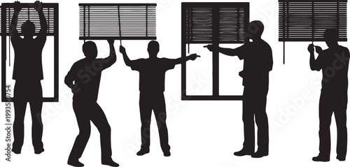 Black Solid Home Office Worker Adjusting Window Blind Silhouettes Set of Six on White Background