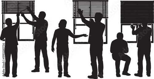 Black Solid Home Office Worker Adjusting Window Blind Silhouettes Set of Six on White Background