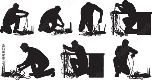 Black Solid Home Office Worker Fixing Router Cable Silhouettes Set of Six on White Background