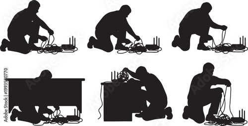 Black Solid Home Office Worker Fixing Router Cable Silhouettes Set of Six on White Background