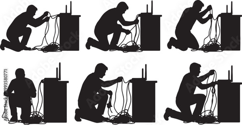 Black Solid Home Office Worker Fixing Router Cable Silhouettes Set of Six on White Background