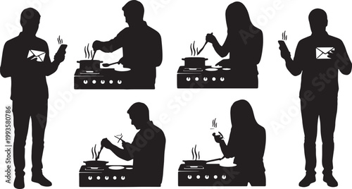 Black Solid Home Worker Cooking Lunch Phone Email Silhouettes Set of Six on White Background