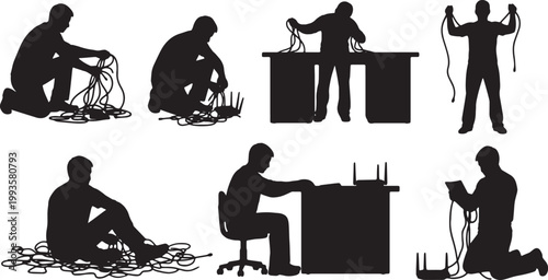 Black Solid Home Office Worker Fixing Router Cable Silhouettes Set of Six on White Background