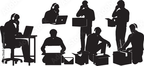 Black Solid Home Worker Opening Delivery Package Call Silhouettes Set of Six on White Background