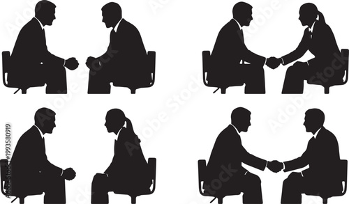 Black Solid Hr Manager Interview Shaking Hands Silhouettes Set of Six on White Background