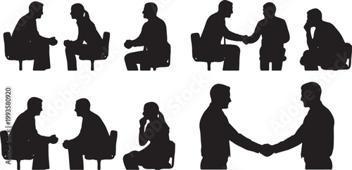 Black Solid Hr Manager Interview Shaking Hands Silhouettes Set of Six on White Background