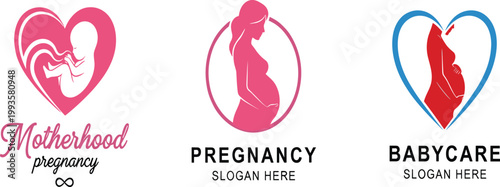 Motherhood Pregnancy Babycare Logo Design Set with Pregnant Woman Silhouette Fetus Heart Symbol Pink Blue Vector Template for Healthcare Brand Identity