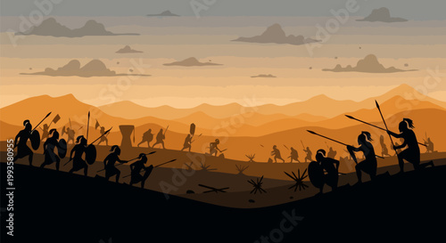 Ancient Human Tribe Hunting Mammoths with Spears in Prehistoric Landscape.