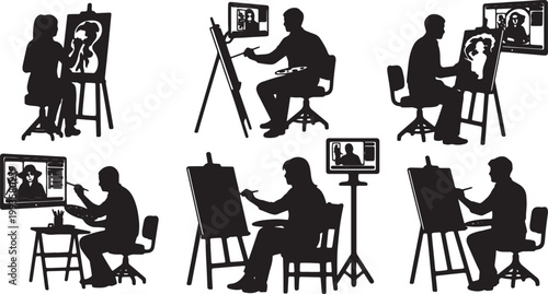 Black Solid Independent Artist Painting Online Tutorial Silhouettes Set of Six on White Background