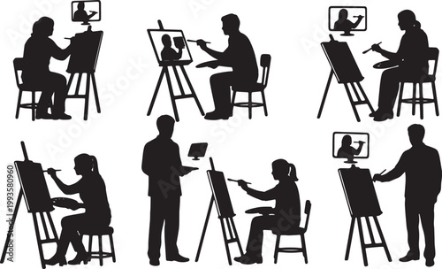 Black Solid Independent Artist Painting Online Tutorial Silhouettes Set of Six on White Background
