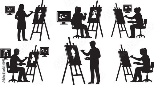 Black Solid Independent Artist Painting Online Tutorial Silhouettes Set of Six on White Background