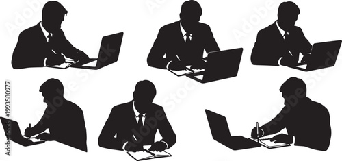 Black Solid Independent Contractor Writing Planner Silhouettes Set of Six on White Background