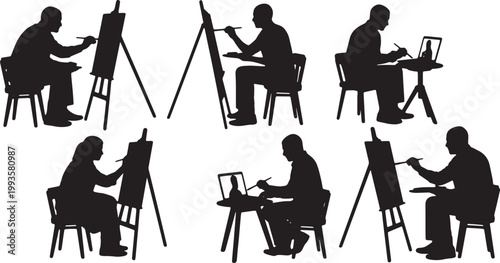 Black Solid Independent Artist Painting Online Tutorial Silhouettes Set of Six on White Background