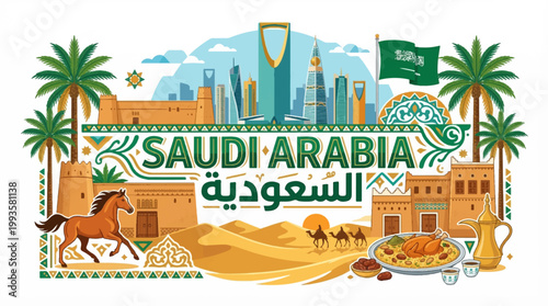 Saudi Arabia montage with landmarks, culture, and desert life
