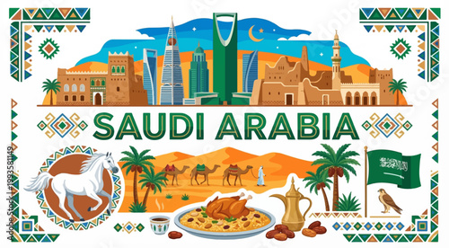 Saudi Arabia montage with landmarks, culture, and desert life