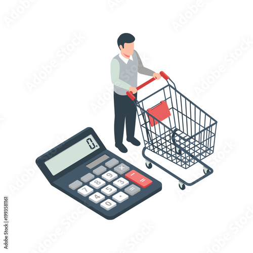 Man Pushing Shopping Cart Next to Calculator Symbolizing Budgeting and Financial Management