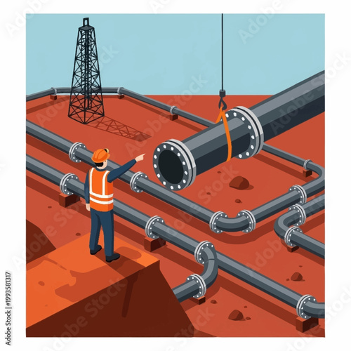Construction worker overseeing pipeline installation at oil rig site.