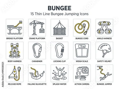 A comprehensive collection of fifteen thin line icons in yellow and black featuring professional bungee jumping equipment and extreme adventure sport concepts
