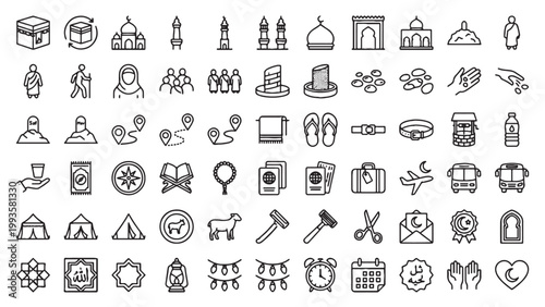 Hajj and Umrah pilgrimage outline icon set for Islamic travel app, Muslim religious event, cultural heritage, or spiritual journey design