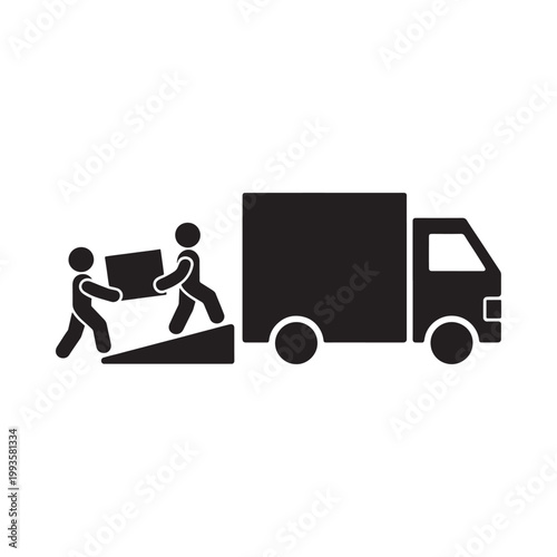 Two movers carrying a box towards a delivery truck on a ramp