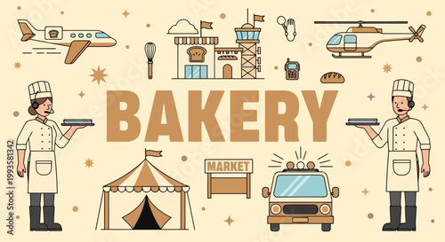 Bakery Sign with Chefs and Various Icons.