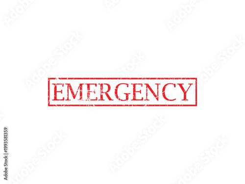 A rectangular red 'emergency' stamp with distressed texture on a white background signifying urgent situations