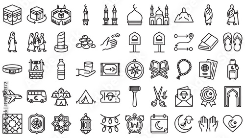 Detailed Hajj, Umrah, and Islamic pilgrimage outline icon collection for Muslim travel app, religious event platform, or cultural design assets