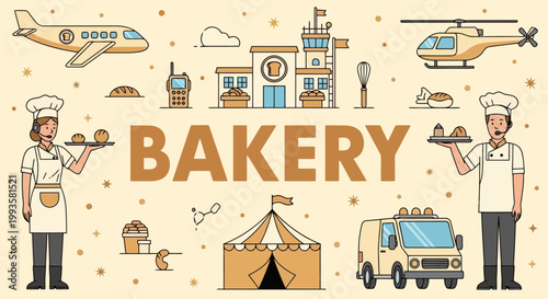 Bakery word with chefs holding trays of baked goods.