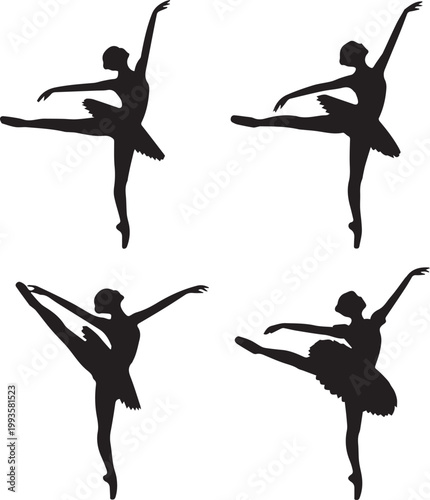 Four beautiful ballet dancer silhouettes in different artistic dance positions