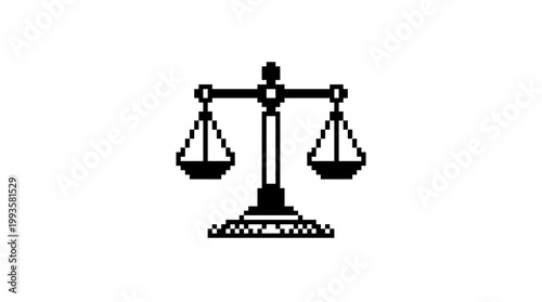 Minimalist pixel art illustration of a classic balance scale, symbolizing justice, equality, and the impartial rule of law in a simple, iconic digital design