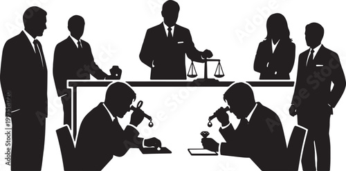 Black Solid Indoor Jewelry Appraiser Silhouettes Set of Six on White Background