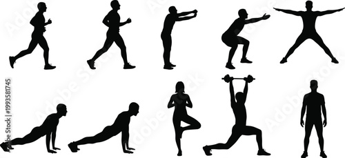 Set of fitness silhouettes, men and women exercising, running, squatting, yoga tree pose, pushups, weightlifting, workout gear, vector on white background