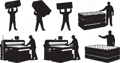 Black Solid Indoor Mattress Factory Worker Silhouettes Set of Six on White Background