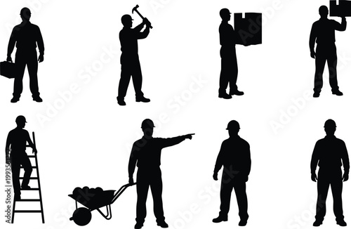 Set of construction worker silhouettes, male builder with hammer, ladder, wheelbarrow, carrying boxes, professional contractor, industrial labor, vector on white background