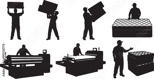 Black Solid Indoor Mattress Factory Worker Silhouettes Set of Six on White Background