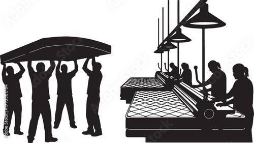 Black Solid Indoor Mattress Factory Worker Silhouettes Set of Six on White Background