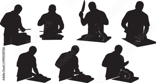 Black Solid Indoor Meat Butcher Silhouettes Set of Six on White Background
