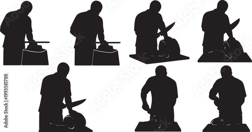 Black Solid Indoor Meat Butcher Silhouettes Set of Six on White Background