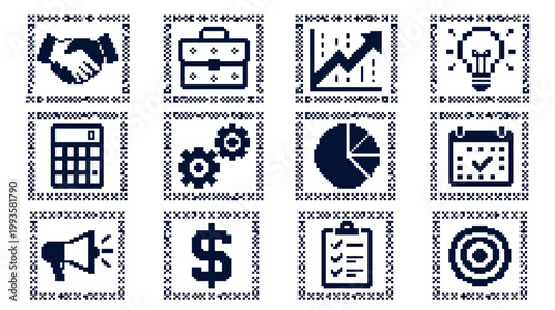 Collection of minimalist pixel art icons representing essential business, finance, and marketing concepts for strategy, management, and professional success