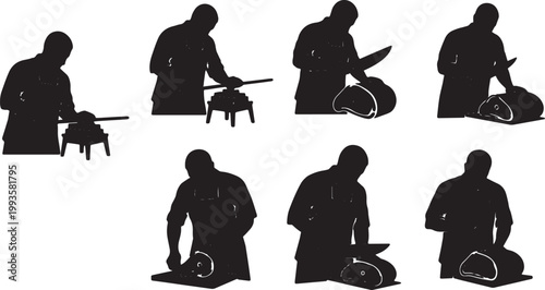 Black Solid Indoor Meat Butcher Silhouettes Set of Six on White Background