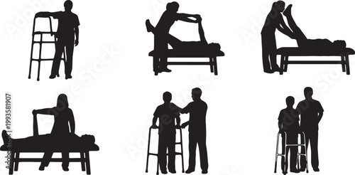 Black Solid Indoor Physical Therapist Silhouettes Set of Six on White Background