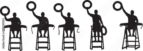 Black Solid Indoor Pool Lifeguard Silhouettes Set of Six on White Background