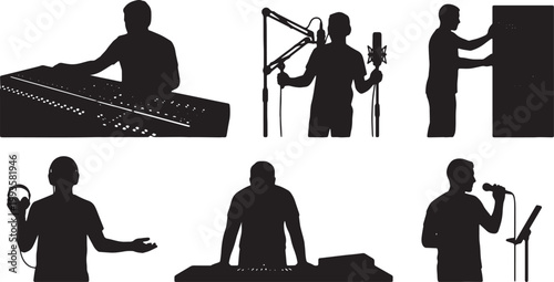 Black Solid Indoor Recording Studio Engineer Silhouettes Set of Six on White Background