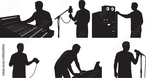 Black Solid Indoor Recording Studio Engineer Silhouettes Set of Six on White Background