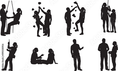 Black Solid Indoor Rock Climbing Instructor Silhouettes Set of Six on White Background