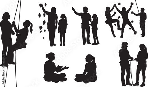 Black Solid Indoor Rock Climbing Instructor Silhouettes Set of Six on White Background